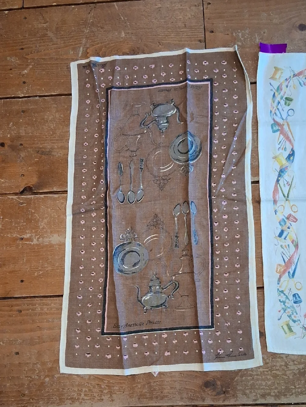 Vintage linen Tea Towels: 1 With Cute sewing Scene, 1 With Early American Pewter